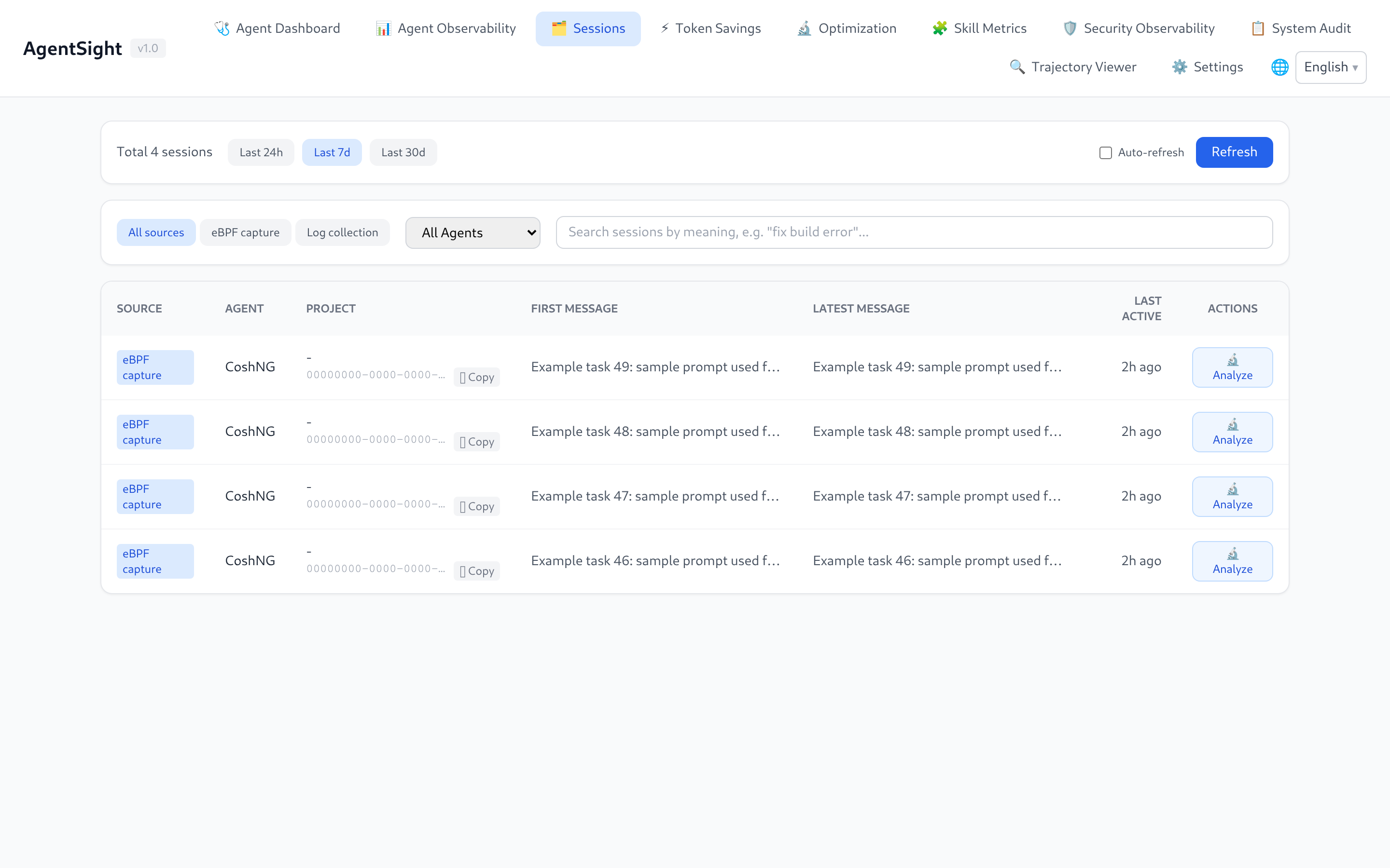 Sessions page with source filters and semantic search