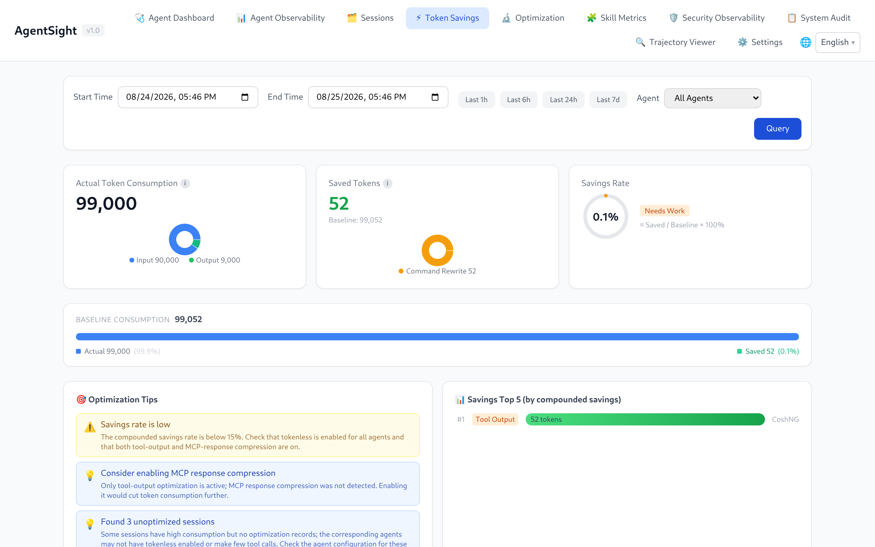 Token Savings page